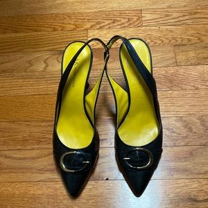 Anne Klein sling back black leather heels buckle toes